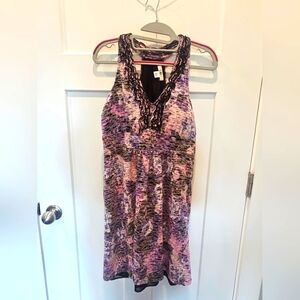 Cato Pink Purple Abstract Print Sleeveless Dress w/ Black Ruffle Trim – Size L